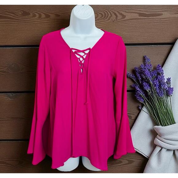 Nordstrom Eclair Fuchsia Blouse Sz Small Bell Sleeves Laced V-Neck Top Chiffon - Picture 2 of 8